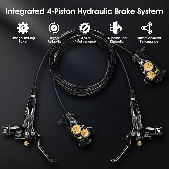 Kethvoz MTB Hydraulic Brakes Set 4 Pistons, Disc Brake Kit Front and Rear, Professional Bike Hydraulic Brakes w/ 180mm Brake Discs Rotor for E-Bike/Electric Bike Mountain Road Bicycle Biking