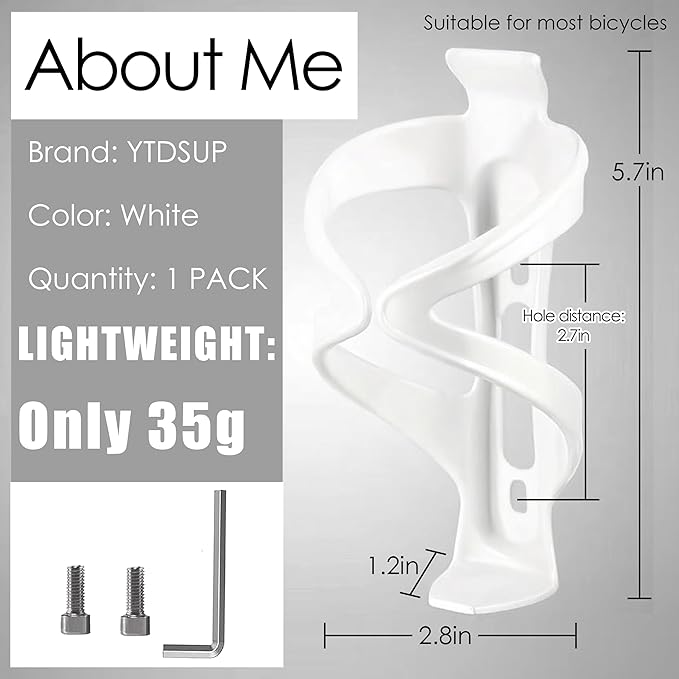 Bike Water Bottle Holder 1 Pack, Universal Bikes Cup Holder Cage, Ultra-Light Water Bottle Bike Cage with Stainless Steel Screws Tool, for Bicycle, Cycling, MTB, Road/Mountain Bikes - White