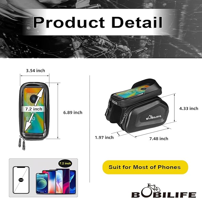 Bike Frame Tube Bag with Touchable Phone Holder - Bicycle Waterproof Two Sides Twins Handlebar Front Bag with Large Capacity Pouch Storage with Cell Phone Mount for Galaxy Phone and iPhone Below 7.2”