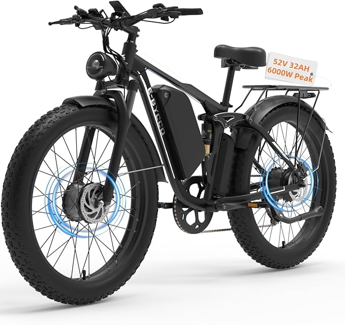 6000W Electric Bike for Adults, 52V 32AH Dual Motor E-Bike, Up to 100Mile & 45MPH All-Terrain Fat Tires Full Suspension 24/26 Inch Electric Bicycles Hydraulic Disc Brake for Road UL2849 by SGS