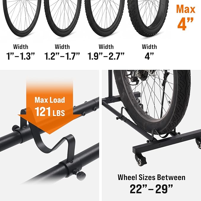 Japard Vertical Bike Stand with Wheels, Freestanding Indoor Bike Storage Rack Upright Bicycle Floor Stand with Adjustable Height for Garage - Wheels Sizes up to 29”