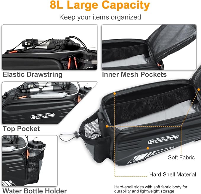 Bike Bags for Bicycle Rear Rack, Waterproof Hard Shell Bike Rack Bag, 8L Reflective Ebike Trunk Pannier with Shoulder Strap, Bike Saddle Bag, Seat Bag for Commuter Travel Outdoor Cycling Accessories