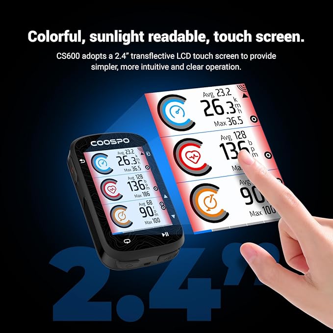 COOSPO Color Touchscreen GPS Bike Computer CS600, Wireless IPX7 Waterproof Cycling GPS Speedometer with Bluetooth/ANT+, Backlight Route Navigation, Support Bike Radar & 36H Battery Life
