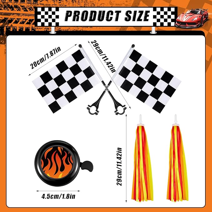 Liliful 5 Pcs Kids Bike Accessories Sets Include 2 Pcs Flame Bike Tassel Streamers Bell 2 Black and White Checkered Flags Pinwheel Toddler Kids Boys Girls Gift Decoration Kit