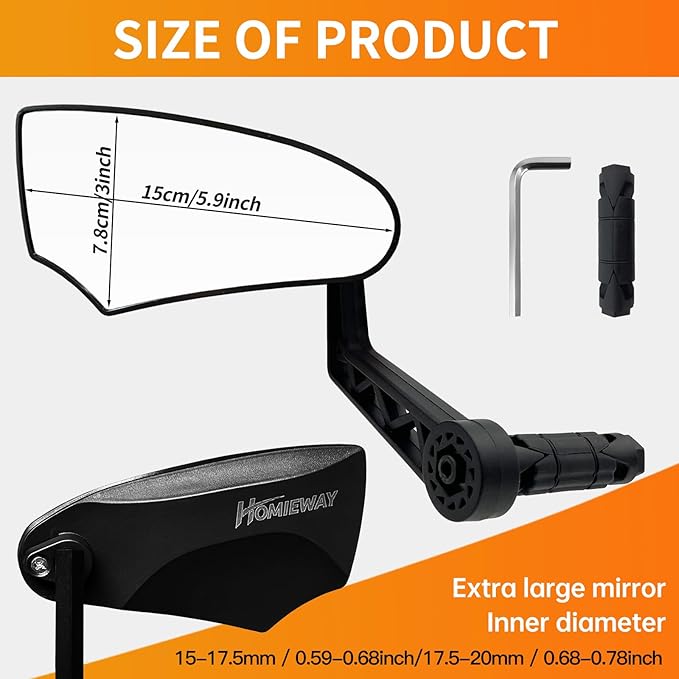 2PCS Bike Mirror for Handlebar Mount, HD Glass Bicycle Mirrors, Adjustable Bar End Rear View Mirror, Scratch Resistant Bike Mirror for E-bike, City Bikes (Left&Right 0.59-0.78")