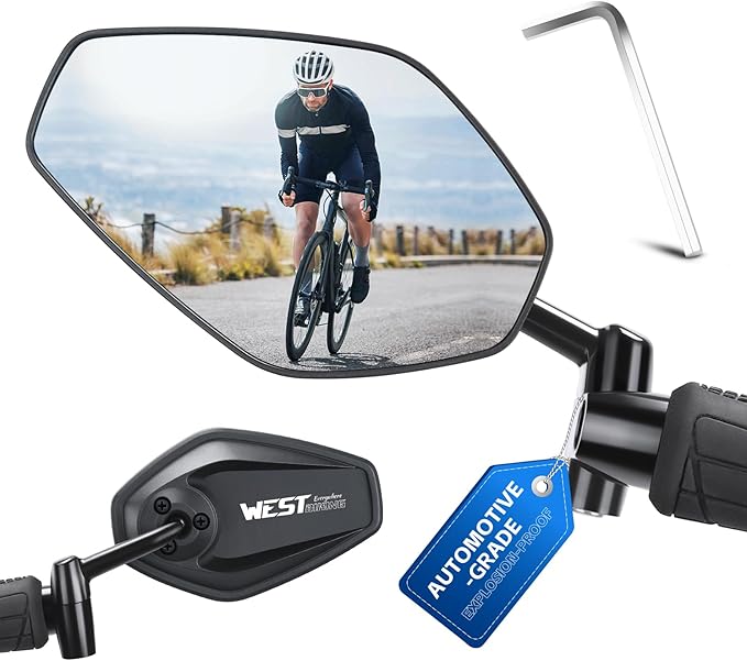 West Biking Bike Mirror, 360° Adjustable HD Shatterproof Bicycle Mirror, Aluminium Alloy Mirror Stem Provides Exceptional Stability,Handlebar-End Rear-View Mirror Suitable For E-Bike(Left)