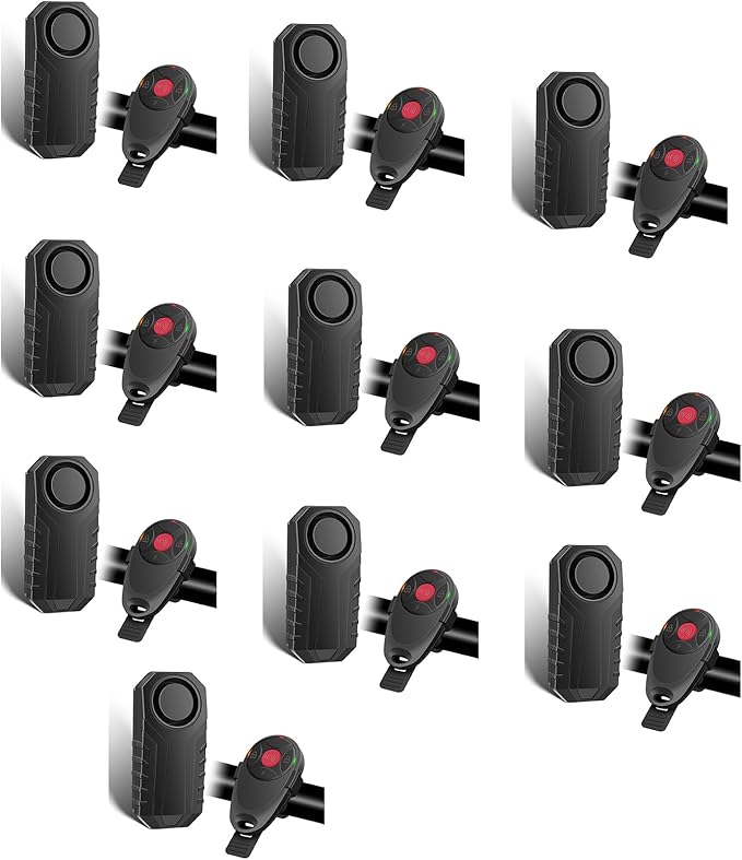 113dB Bike Alarm, Motorcycle Alarm, Bicycle Alarms with Remote, Moped Alarm System, Car Vibration Sensor Alarm, Universal Strap Fits All Handlebar Sizes, IP65 Waterproof Super Loud, 10Pack