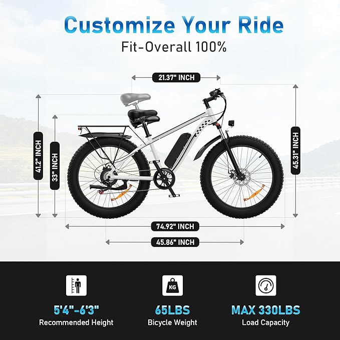 [UL Certified] Electric Bike for Adults with Peak 1500W Brushless Motor, 48V 15AH 35-60 Miles Battery Electric Bicycle, 26" Fat Tire Mountain Bike 28MPH 7 Speed Gears Ebike for Work,Off Road