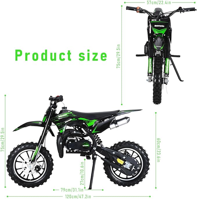 cdar Kids Dirt Bike, 49cc Gas Dirt Bike for Teens - 25MPH 2-Stroke Pit Bike with Hydraulic Disc Brakes & 10" Off-Road Tires Ages 13+ Max180lb Load Christmas for Boys Girl Green