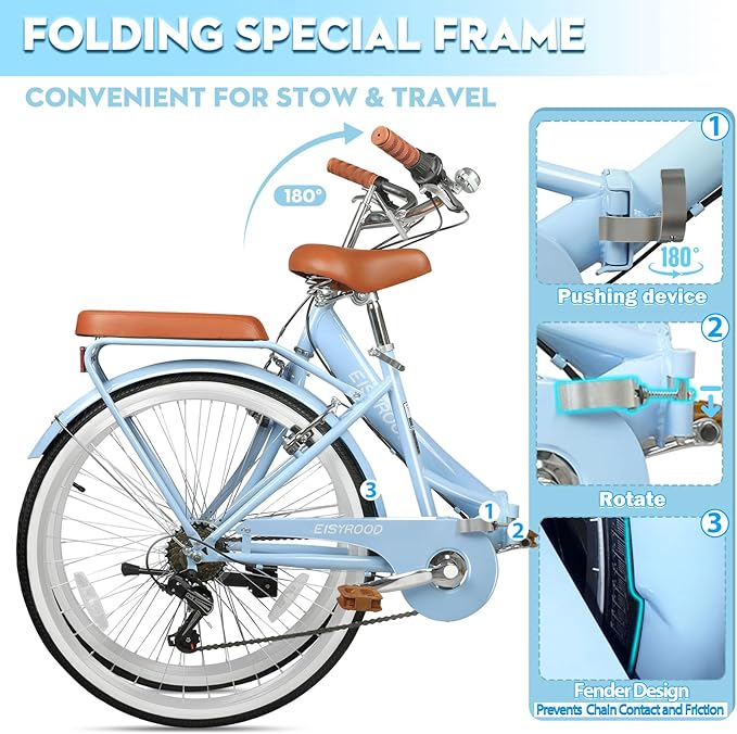 26 Inch Folding Beach Cruiser Bike for Women, 7-Speed Ladies Bike with Basket & Rack (Blue)