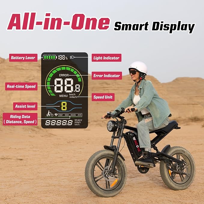 Windone E2 Electric Bike for Adults, Full Suspension, 48V13Ah Removable Battery, Up to 28MPH & 46.6 Miles (PAS), 1000W Ebike with All-Terrain 4.0" Fat Tires, Cruise Control, UL Certified, Moped E-Bike