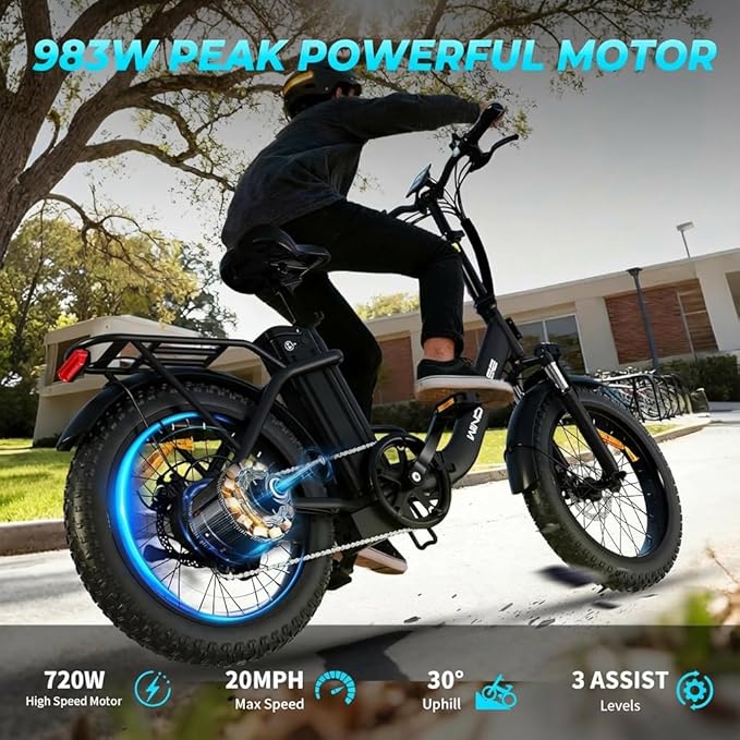 WINDHORSE 20" Foldable Electric Bike, 983W Peak Motor, 20MPH, 40–70 Miles, 48V 748.8Wh Removable UL Battery, Front Suspension, Fat Tire E-Bike for Commuting, Beach, All -Terrain | Adults & Teens