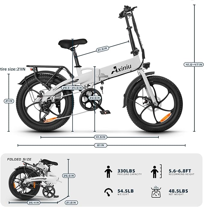 20" Folding Electric Bike for Adults, 850W Lightweight Foldable Ebike, 4lbs,60+ Mile Range, 25mph Top Speed, Fat Tire Electric Bicvcle