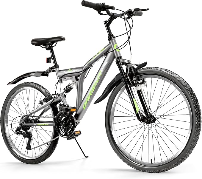 24 Inch Mountain Bike for Men & Women, 21-Speed Full Suspension MTB, High-Carbon Steel Frame, Quick Release Front Wheel, Dual Fenders, Easy Assembly, Trail & Commuter Bicycle