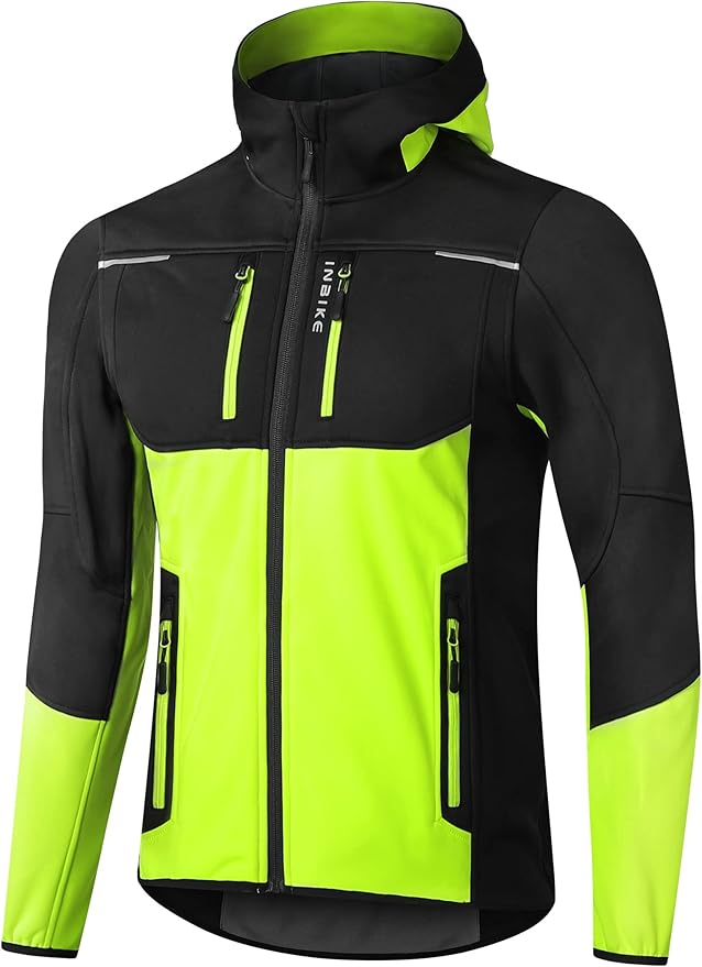 INBIKE Hooded Cycling Bike Jacket Men Running Biking Windbreaker Reflective Windproof Thermal Fleece Lined Bicycle Coat