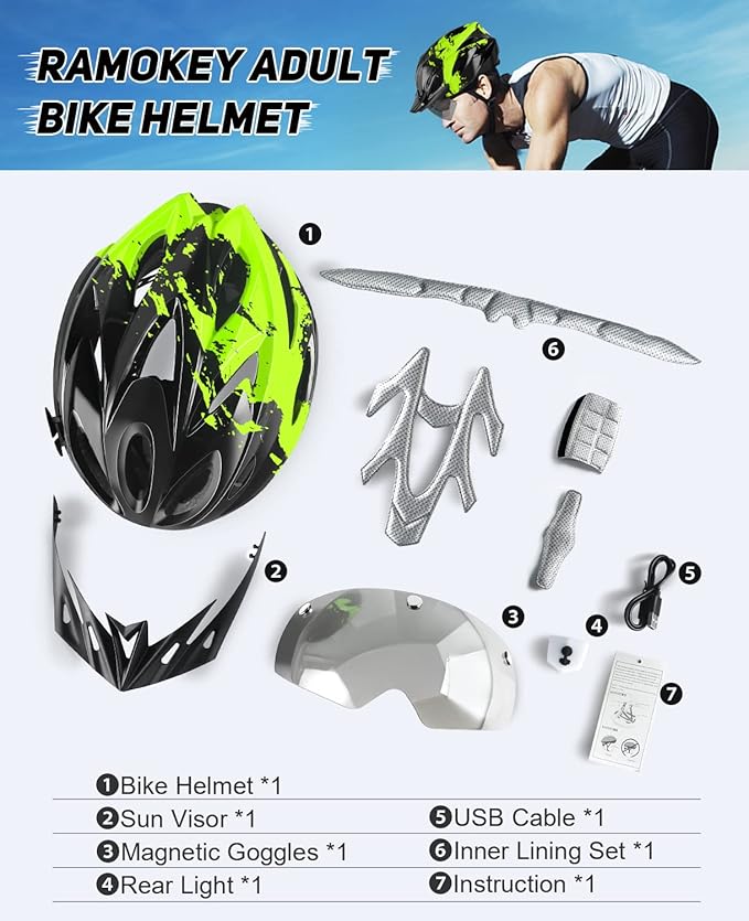 Bike Helmet with USB Rechargeable LED Light Detachable Goggles and Sun Visor, Mountain & Road Bicycle Helmets for Men Women Adult Cycling Helmets