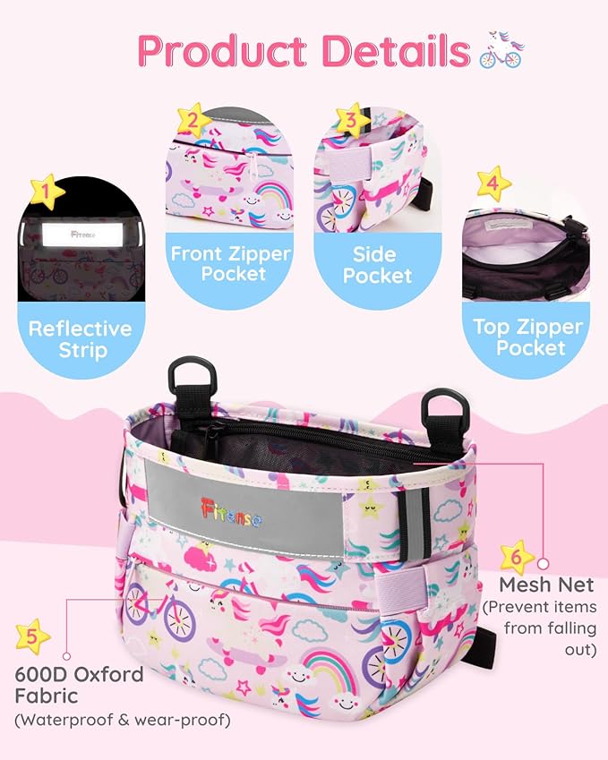 Kids Bike Basket, Bicycle Basket Front Handlebar, Waterproof Cute Fabric Children's Bike Basket, Kids Bike Accessories Fit Most Boys, Girls, Toddlers Bike or Scooter, Easy to Install