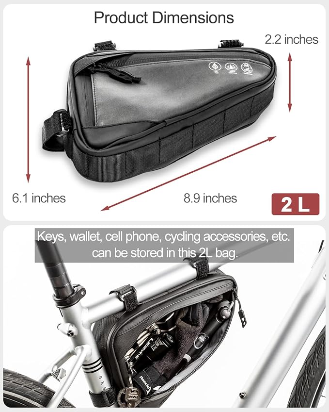 Bike Frame Bag 2L, Water Resistant Bicycle Triangle Storage Pouch, Slim Top Tube Pack for MTB Mountain Road Commuter Cycling, Under Seat Gear for Phone Tools Accessories