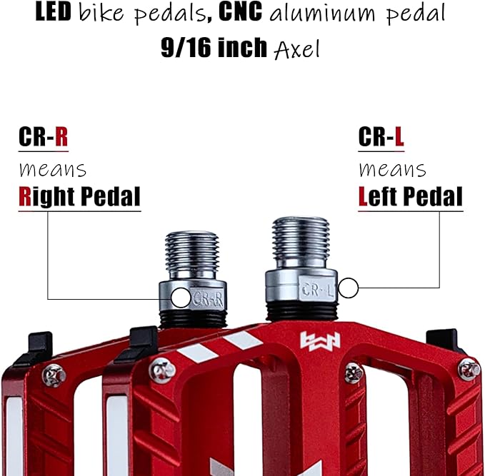 Bicycle Pedals with LED lights 5 Modes, Tap On-Off, USB Rechargeable, Waterproof, Flat CNC Aluminum Road Bike Pedals w 9/16" Cr-Mo Steel Axel w Pin, for Ebike, Commuter, Hybrid, City, Beach Bike