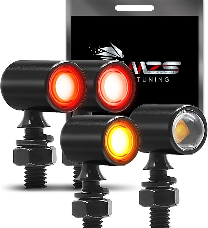 MZS Motorcycle LED Turn Signals, Front Light Red+Red and Rear Amber Mini Brake Tail Light Blinkers, Minimalist Design, Universal 6mm Screw Compatible with Most Family Motorcycles