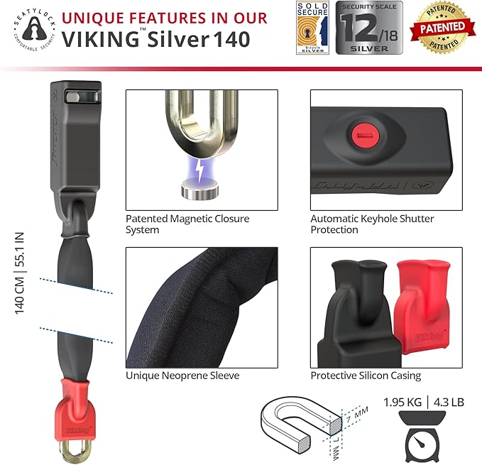 Seatylock Viking Bike Chain Lock with Key - Magnetic Patented Sold Secure Rated - Heavy Duty Anti Theft - Smart Ultra Security Bicycle Lock (55.11 Inch, Silver Rated)