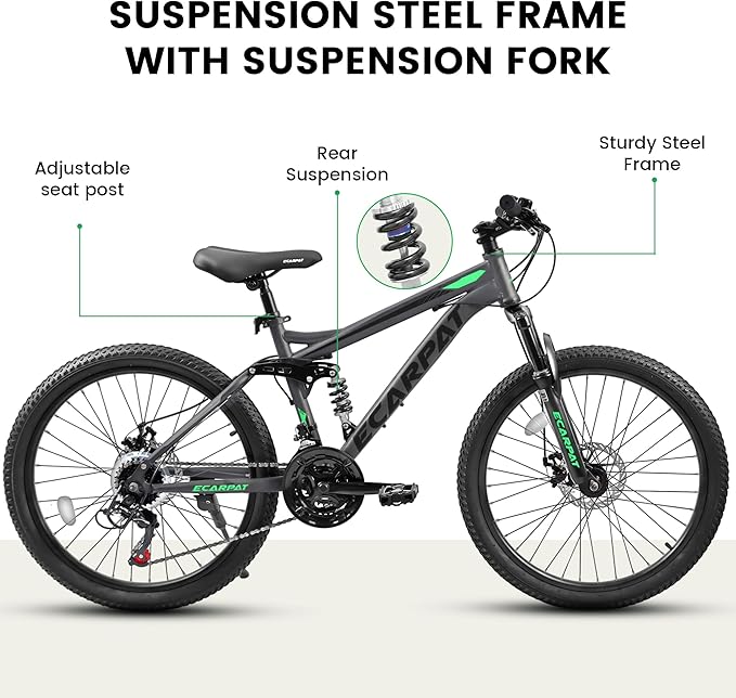 Ecarpat 24/26/27.5 Inch Mountain Bike, Full/Front Suspension Mens Boys Mountain Bike with 21 Speed Steel Frame and Dual Disc Brakes, Adult Sport Bicycle for Trail City Road, Gift Choice