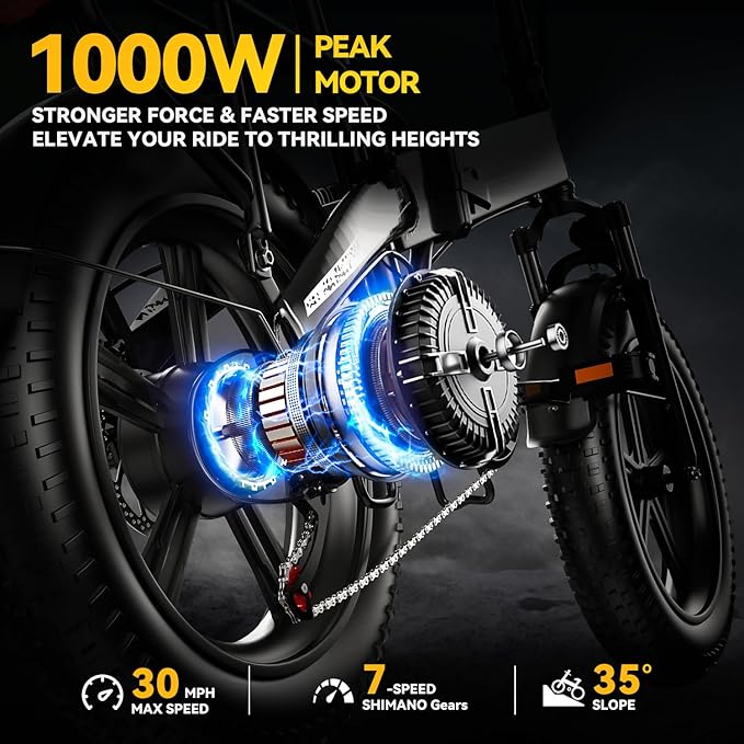 Folding Electric Bike for Adults and Seniors, 1000W Motor 48V 20AH Battery 30MPH 80 Miles, 20" Fat Tire All Terrain Ebike, 7-Speed Commuter E Bike, Step-Thru Electric Bicycle for Women and Teens