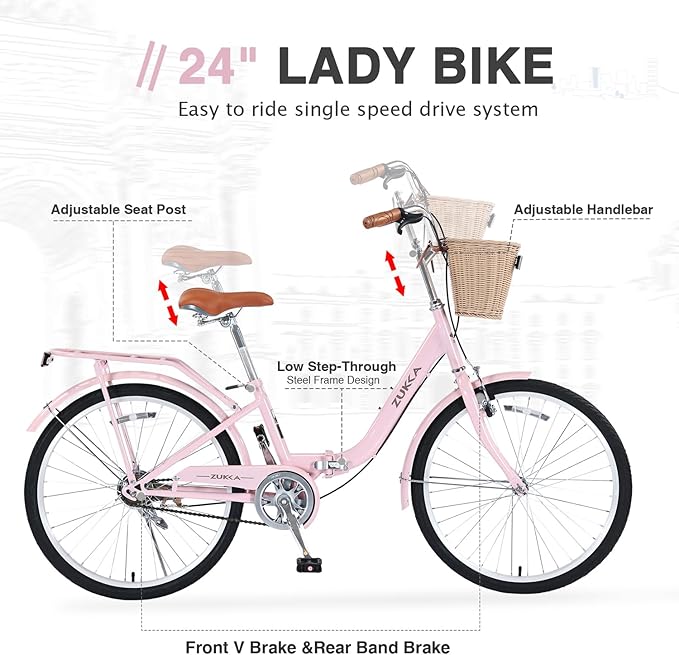 24/26 inch Female Bicycle Single Speed Folding Lady Bike, Durable Steel Frame,Compact Design for Easy Storage and Commuting Multi Color