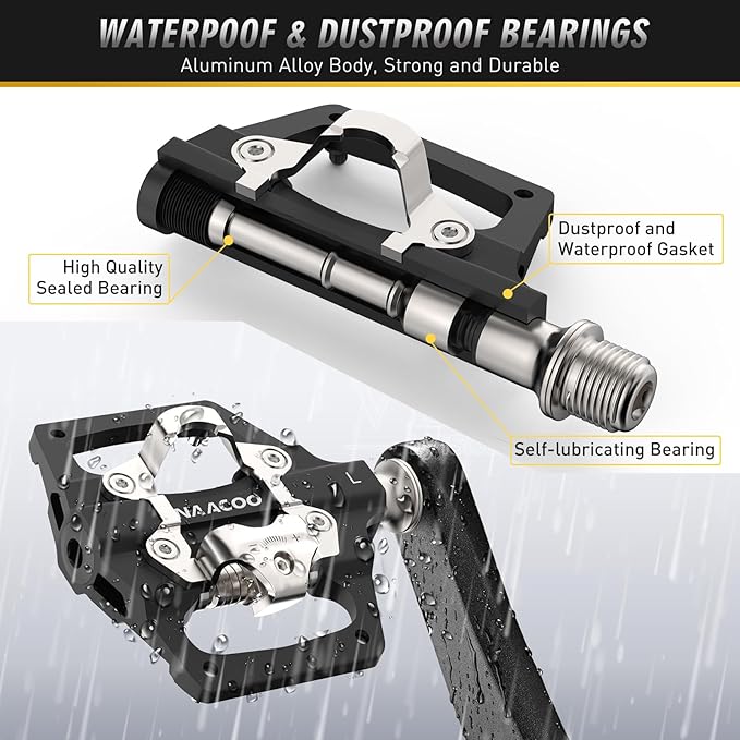 NAACOO Bike Pedals Dual Platform Compatible with Shimano SPD Mountain Clipless Pedals,3-Sealed Bearing Lightweight Bicycle Pedals for Outdoor Spin Exercise Peloton Fit Trekking Bike