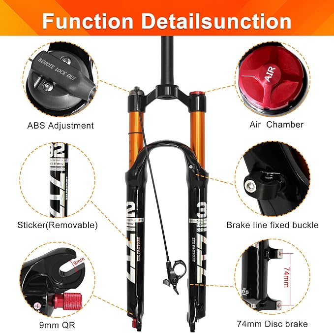 ZTZ 26/27.5/29 inch MTB Air Suspension Fork,120mm Travel, Rebound Adjustment,1 1/8 Straight Tube, QR 9mm*100mm, Manual/Remote Lockout, Ultralight Front Fork for XC/AM Mountain Bike