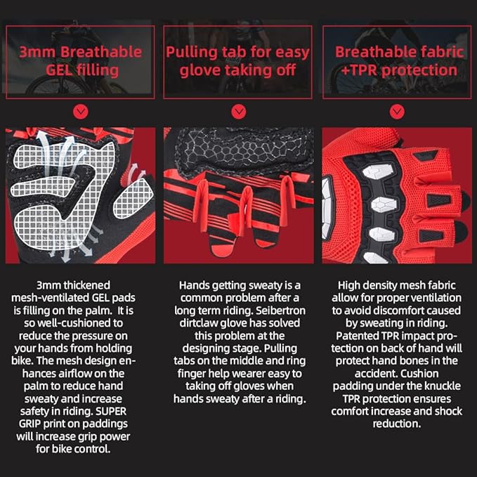 Seibertron Unisex BMX MX ATV MTB Racing Mountain Bike Bicycle Cycling Off-Road/Dirt Bike Gloves Road Racing Motorcycle Motocross Sports Gloves Touch Recognition Full Finger Glove