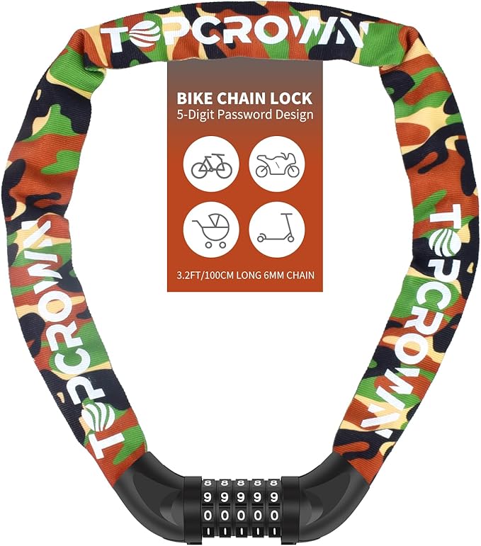 Bike Chain Lock 3.2Ft Long High Security Heavy Duty Anti Theft, 5 Digit Combination Resettable Keyless Bicycle Lock for Bike/Electric Scooter/Ebike/Motorcycle(Camouflage)