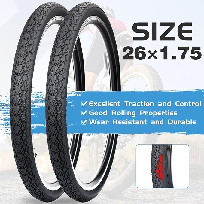 MEGHNA Bike Tire 20/24/26/27.5 inch Foldable Replacement Cruiser Bike Tire Mountain Bike Groove Anti-Slip with Tire Lever for Kids Hybrid Bike