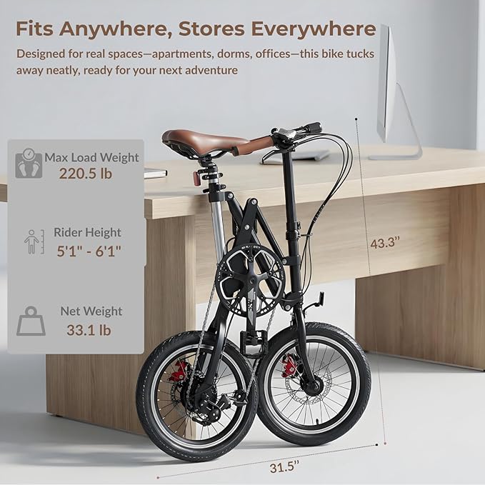 1-Second Quick Fold Bike: 16 Inch Adult Folding Bicycle, Lightweight 33lbs & 95% Pre-Assembled, 7-Speed Commuter Bike, Ultimate Space-Saver for City Travel