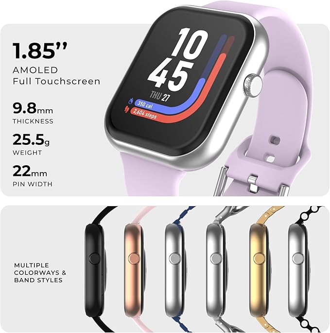 iTouch AIR 5 Smartwatch - 1.85" AMOLED Display, Bluetooth Calling, 100+ Sports Modes, Heart Rate, SpO2, Sleep & Stress Tracking, IP68, 7-Day Battery Life (Silver Case w/Lavander Silicone Band)