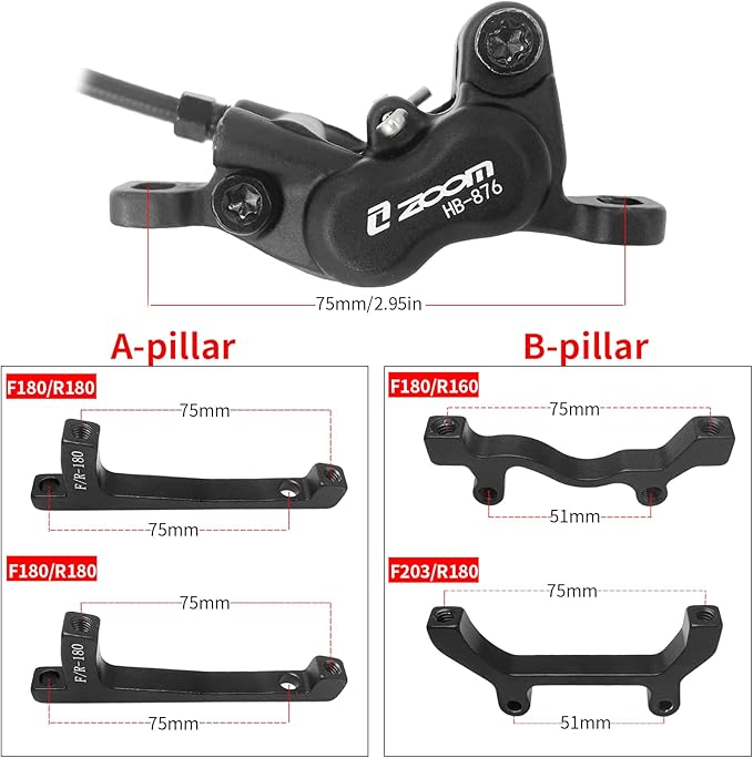 Zoom HB876E Hydraulic Disc Brakes Set 4-Pistons E-Bike Electric Power-OffHydraulic Brake Set with 180mm Rotors, Adapter Fit EBike Fat Bike Bicycle for Mountain Bike, Road Bike (Black)
