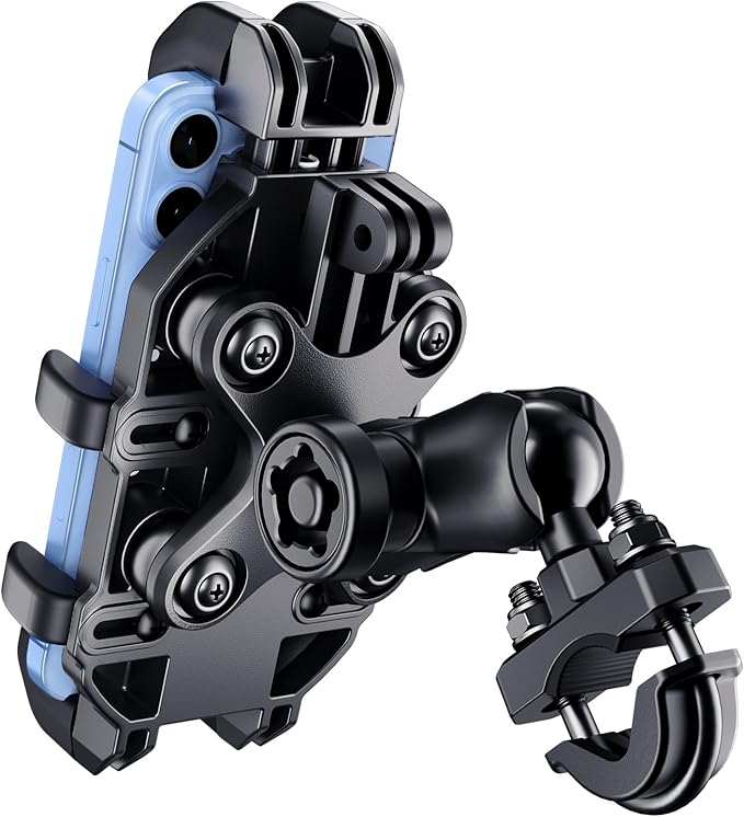 Motorcycle Phone Mount Holder with Vibration Dampener Anti-Shake 720° Adjustable for iPhone 16 Pro Max for Samsung 5.4''-6.9'' Phone Anti-Theft Dirt Bikes(U Shape Base 0.6-1.1" Handlebar)