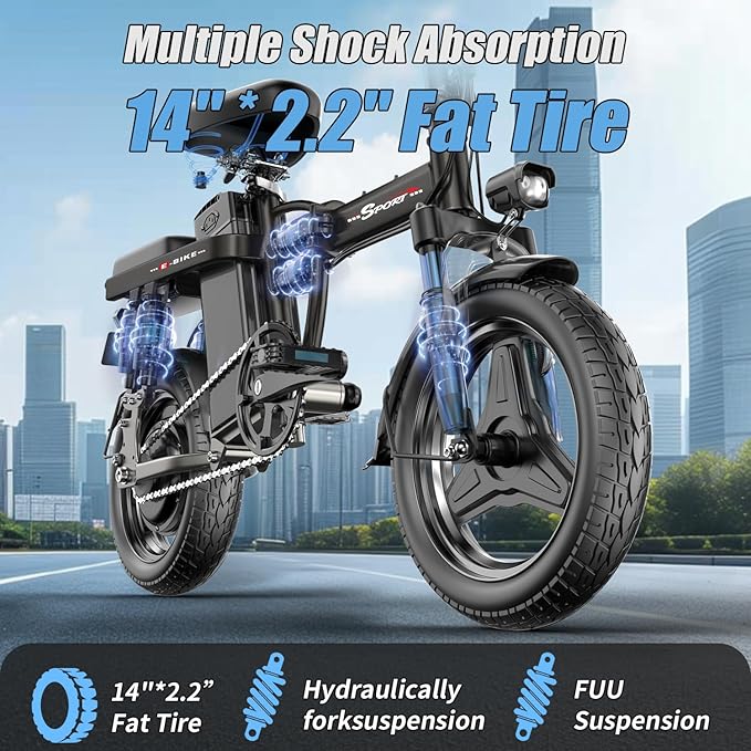 ASKGO Electric Bike for Adults Teens, 800W/1200W Peak Folding Ebike, 22/25MPH, 30-45 Miles Range, E-Bike with Dual Brake & Multi Suspension, 14" Portable Electric Mini Bike for Commuting