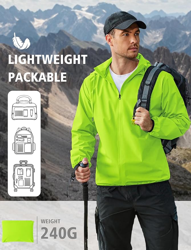COOFANDY Men's Light Rain Jacket with Hood Packable Waterproof Raincoat Golf Rain Gear Travel Hiking Windbreaker