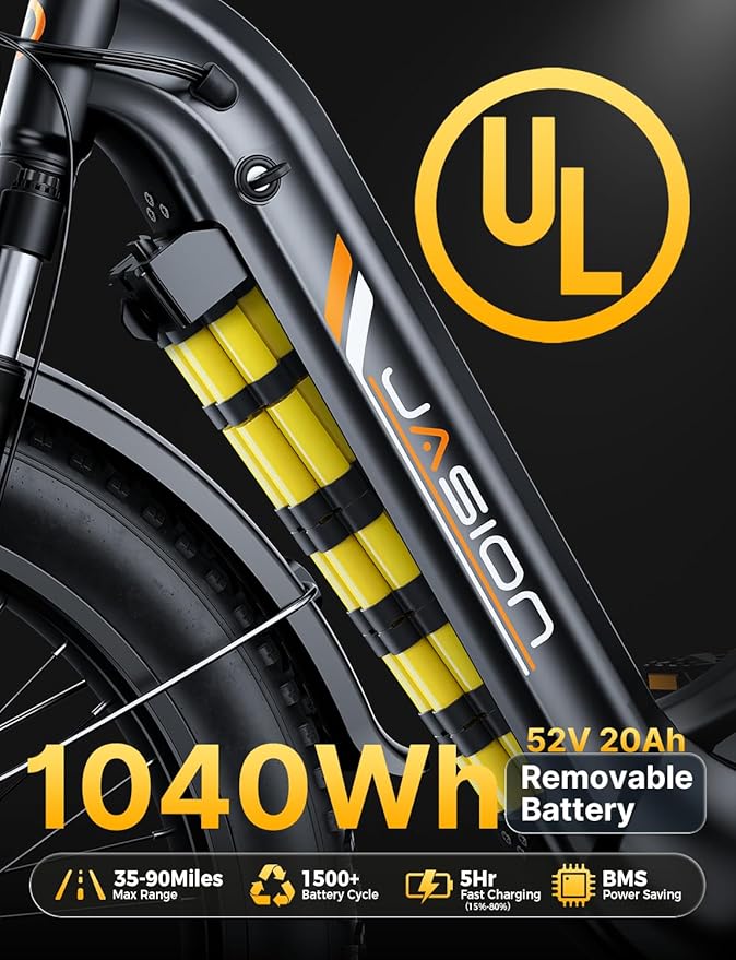 Jasion Thunder/PRO/ST Electric Bike,2000W/1800W Peak Ebikes for Adults,26''Fat Tire Best Ebike for Men,90/80 Miles with 1040Wh/864Wh Battery,35/30+MPH Max Speed Bicycles,500/400LB Capacity