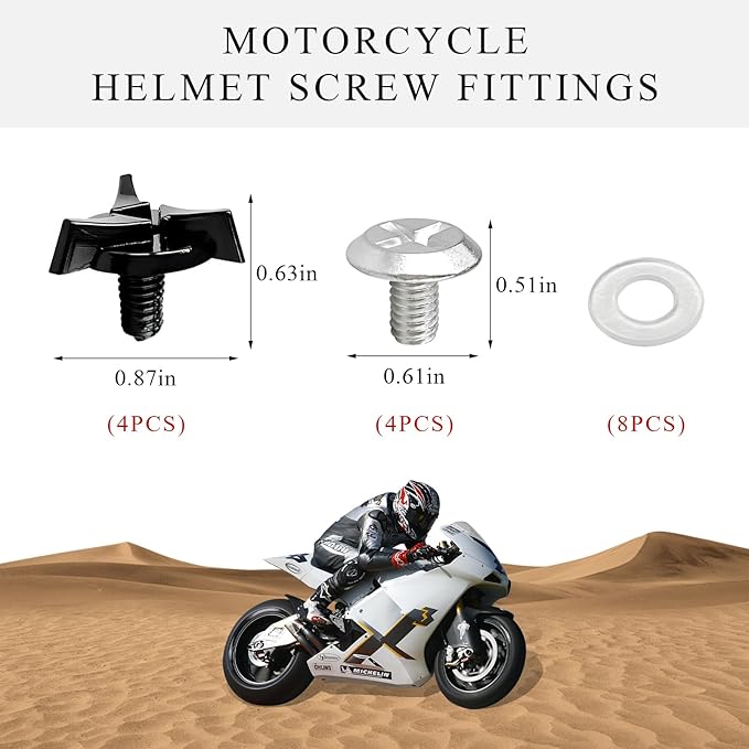 8 PCS Motorcycle Helmet Screws, Universal Helmet Visor Screws with Rubber Washers, Replacement Fixing Screws for Helmet Visor, Hardware Kit with Motorcycle Helmet Bolts