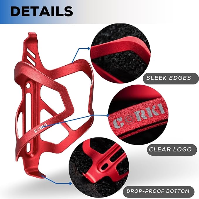 Corki Cycles Heavy Duty Bike Water Bottle Holder, Lightweight Aluminum Cage Shockproof Design for Road Mountain Gravel Bikes, Holds 18-30 oz, 1-Pack Red