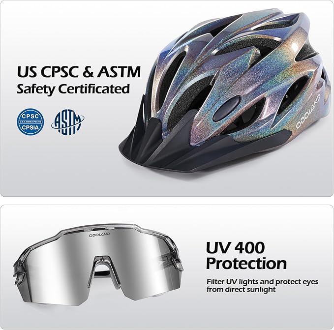 Odoland Adult Bike Helmet and Cycling Sunglasses Set for Men & Women, Safety Certified Bicycle Helmet with UV Protection Glasses for Mountain, Skating, Road, City Commuting & Outdoor Riding