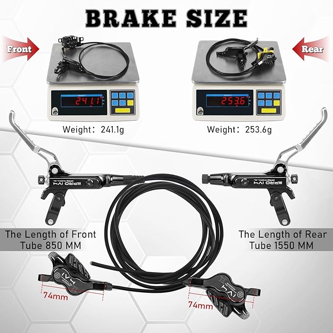 BUCKLOS IIIPRO IV4 4 Piston MTB Hydraulic Disc Brake Set, Front 850mm and Rear 1550mm Mountain Bike Hydraulic Brakes with Aluminum Alloy Caliper Lever Fit Ebike,Fat Bike Trail Bicycle XC AM DH BMX