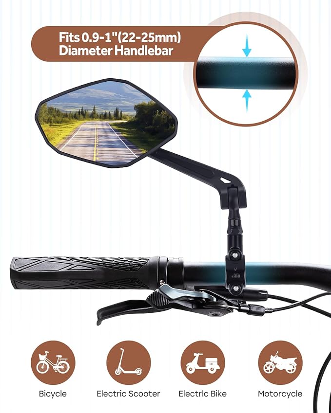 Bike Mirror Handlebar Mount, HD Wide Rear View Bicycle Mirrors for Handlebars with Scratch Resistant Glass, 360°Adjustable Bike Rear View Mirror for Scooter, Motorcycle, Bikes (HD Lens: 1 Pair)