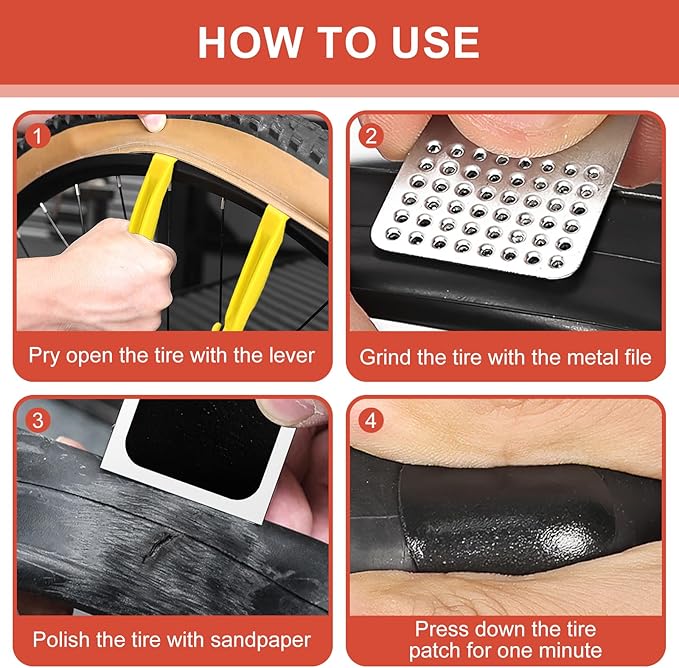 28 Pcs Bike Tire Repair Kit, Bicycle Inner Tube Bike Patch Kit with 24 Pcs Glueless Self-Adhesive Patches, Rasp and Tire Levers for Road and Mountain Bikes