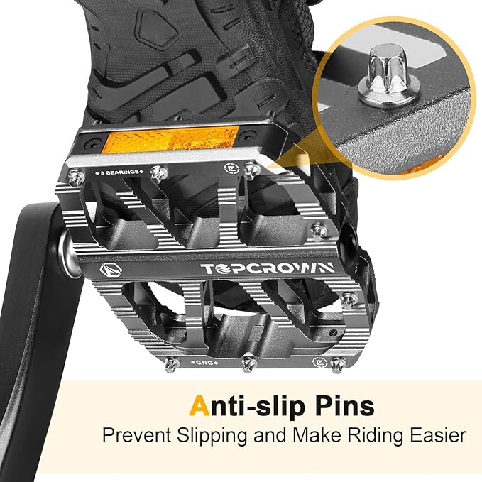 Mountain Bike Pedals with Reflectors, Aluminum Metal Bicycle Flat Pedals 9/16" - 3 Sealed Bearings, Non-Slip Wide Platform with Removable Pins for MTB, Road Bike, BMX, Ebike