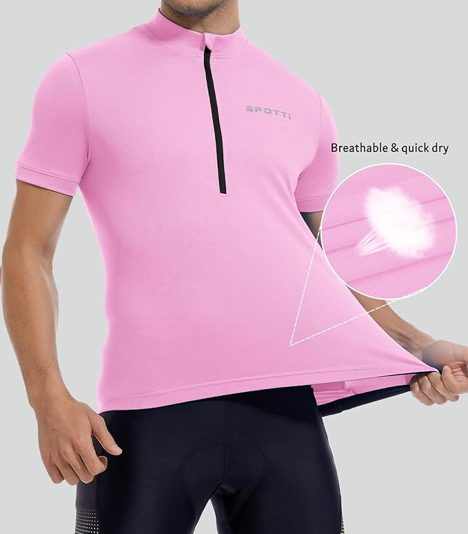 Spotti Men's Cycling Bike Jersey Short Sleeve with 3 Rear Pockets- Moisture Wicking, Breathable, Quick Dry Biking Shirt