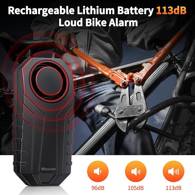 WSDCAM Wireless Bike Alarm with Remote, Rechargeable 113dB Loud Bicycle Alarm System Anti Theft, IP65 Waterproof, Bike Alarms for E-Bikes, Motorcycles, Scooter, Outdoor Riding and Cycling Safety
