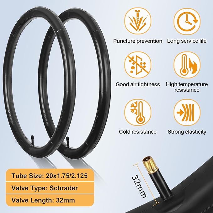 20x1.95/2.125 Road Bike Tire Set, 20 Inch 53-406/57-406 Folding Replacement Cruiser Bicycle Tire and Tube Combo with Levers, Puncture-Resistant 20" Premium Butyl Rubber Tires for BMX MTB Off-Road Bike